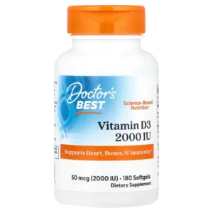 Frasco de Vitamina D3 Doctor's Best 2000 UI (50 mcg), 180 softgels. Apoyo para corazón, huesos e inmunidad. Compra online en Suplenet Colombia.