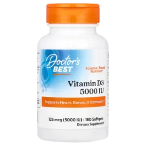 Frasco de Vitamina D3 Doctor's Best 5000 UI (125 mcg), 180 softgels. Máxima potencia para corazón, huesos e inmunidad. Compra online en Suplenet Colombia.