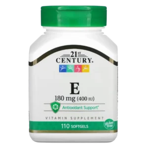 Frasco de Vitamina E 21st Century 400 UI (180 mg), 110 softgels. Suplemento antioxidante para apoyo celular. Compra online en Suplenet Colombia.
