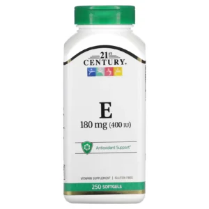 Frasco de Vitamina E 21st Century 400 UI (180 mg), envase de 250 softgels. Suplemento antioxidante. Compra online en Suplenet Colombia.