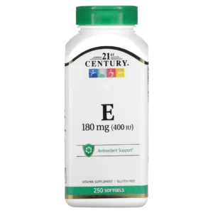 Frasco de Vitamina E 21st Century 400 UI (180 mg), envase de 250 softgels. Suplemento antioxidante. Compra online en Suplenet Colombia.