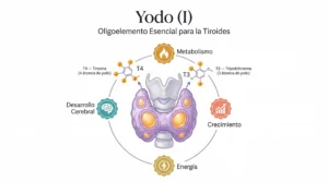 Infografía del yodo en la tiroides: glándula tiroides produciendo hormonas T4 (4 átomos de yodo) y T3 (3 átomos de yodo), con funciones en metabolismo, desarrollo cerebral, crecimiento y energía