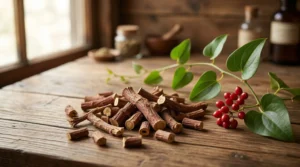 Raíz seca de zarzaparrilla (Smilax) cortada en trozos junto a la planta fresca con bayas rojas sobre superficie de madera rústica