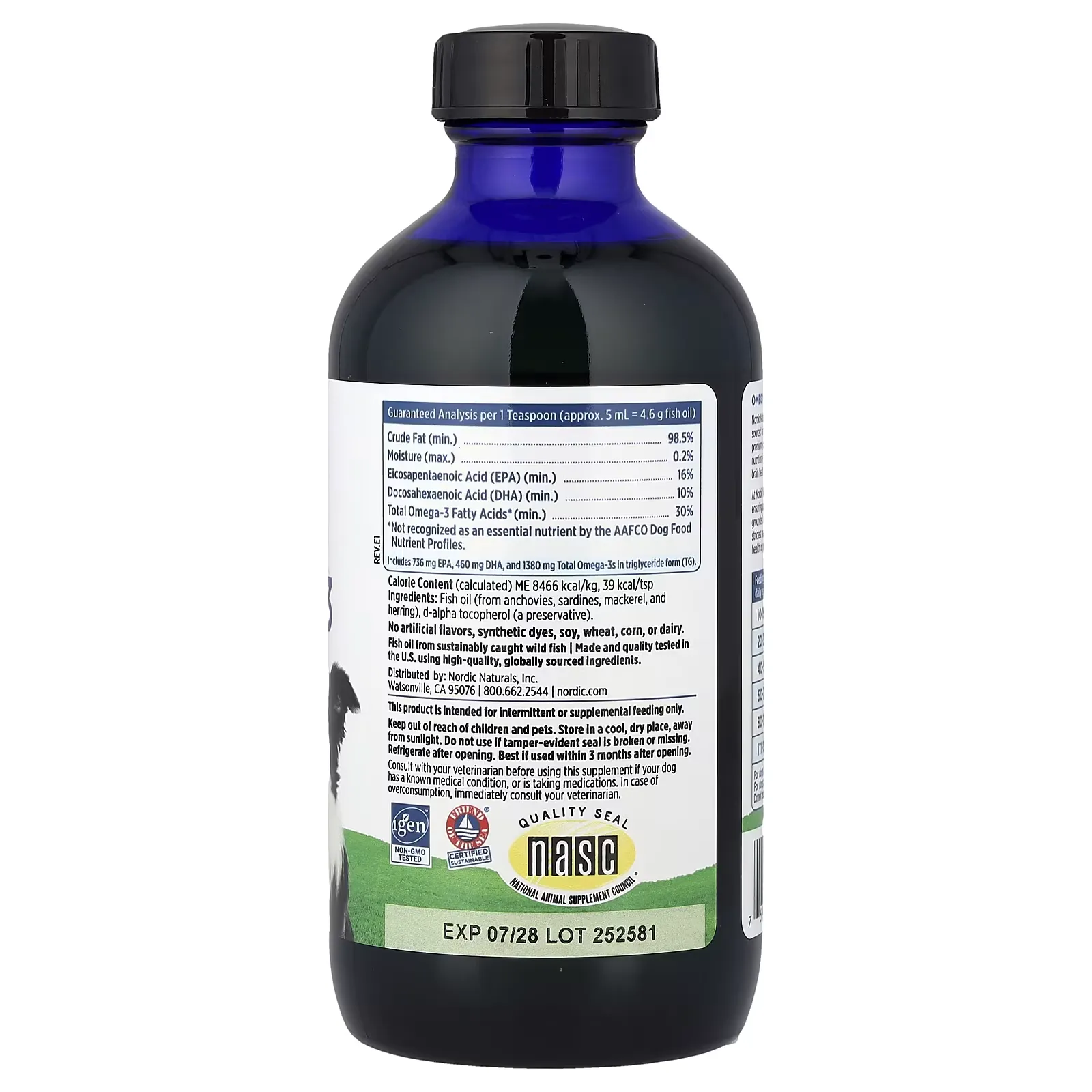 Etiqueta posterior de Omega-3 Pet para perros 237 ml con análisis garantizado y certificaciones NASC e IGEN.