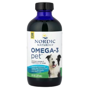 Botella recortada sin fondo de Omega-3 Pet 237 ml Nordic Naturals para perros.