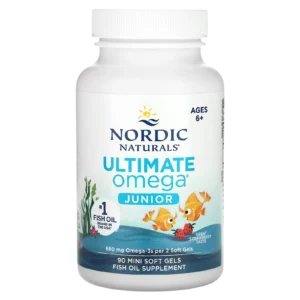 Ultimate Omega Junior Nordic Naturals sin fondo, frasco 90 mini softgels sabor fresa para niños