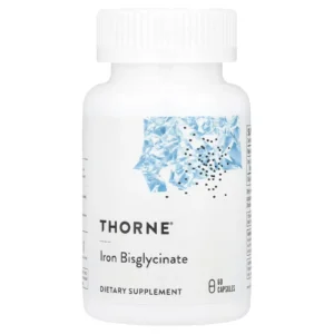 Frasco de suplemento Bisglicinato de Hierro Thorne 25 mg con 60 cápsulas sobre fondo blanco