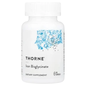 Frasco de Bisglicinato de Hierro Thorne 25 mg con 60 cápsulas sobre fondo transparente