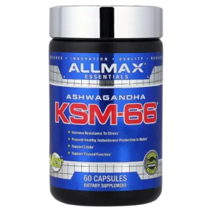 Imagen recortada sin fondo del frasco ALLMAX Ashwagandha KSM-66® 60 cápsulas para uso en e-commerce