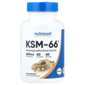 Frasco Nutricost KSM-66 Ashwagandha 600 mg 60 cápsulas sin fondo (recorte).
