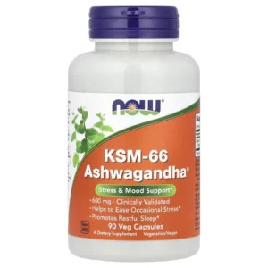 Frasco de NOW Foods KSM-66 Ashwagandha 600 mg, 90 cápsulas vegetales (vista frontal)