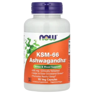 Frasco recortado sin fondo de NOW Foods KSM-66 Ashwagandha 600 mg, 90 cápsulas vegetales