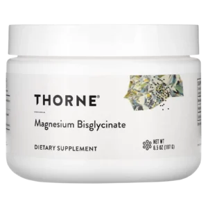 Envase Thorne Magnesium Bisglycinate 187 g sin fondo, bisglicinato de magnesio en polvo, suplemento premium