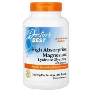 Frasco Doctor’s Best Magnesio glicinato de alta absorción, 240 tabletas, fondo transparente