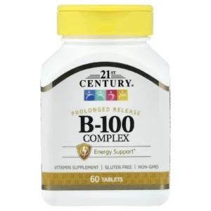 Frasco de B-100 Complex 21st Century de 60 comprimidos con sello de soporte energético y liberación prolongada.