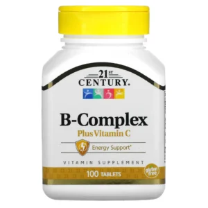 Envase blanco con tapa amarilla de B-Complex Plus Vitamin C 21st Century de 100 tabletas.