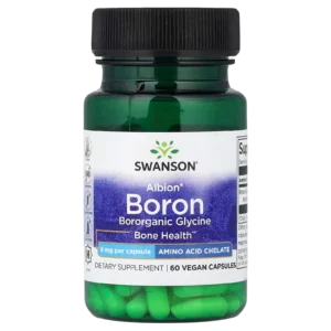 Frasco de Boro Albion 6 mg Swanson con 60 cápsulas veganas para soporte de salud ósea.