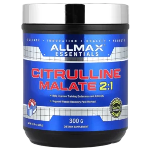 Suplemento Citrulina Malato 2:1 de ALLMAX Essentials en polvo de 300 g para rendimiento deportivo.