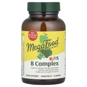 Empaque frontal del Kids B Complex de MegaFood con 30 servicios y sellos de pureza.