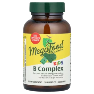 Frasco de Complejo B para Niños MegaFood de 30 tabletas mini sobre fondo blanco para compra online.