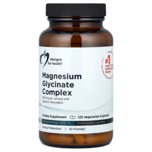 Imagen de catálogo del Complejo de Glicinato de Magnesio Designs For Health 120 cápsulas sobre fondo neutro.
