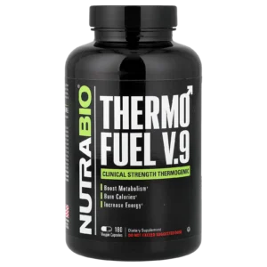 Suplemento termogénico Thermo Fuel V.9 de NutraBio 180 cápsulas sobre fondo neutro para catálogo premium.
