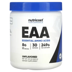 Imagen de catálogo de Nutricost EAA Essential Amino Acids 249g, aminoácidos esenciales puros para optimizar la síntesis proteica.