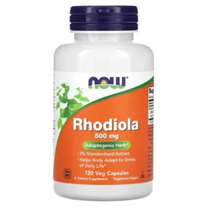 Comprar frasco de Rhodiola 500 mg de NOW Foods con 120 cápsulas vegetales para control de estrés y fatiga.