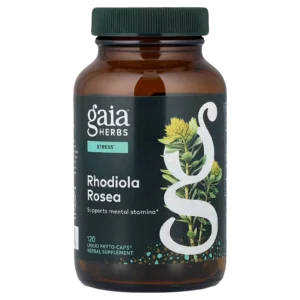 Imagen de catálogo premium de Rhodiola rosea Gaia Herbs 120 mg 120 cápsulas líquidas sobre fondo transparente.
