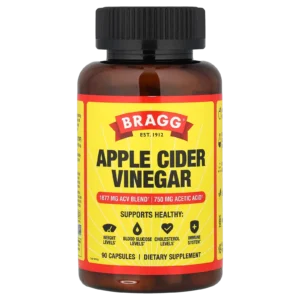 Frasco de Vinagre de Sidra de Manzana Bragg de 90 cápsulas con 750mg de ácido acético para comprar en Colombia.