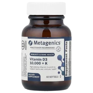 Frasco de Vitamina D3 10.000 UI + Vitamina K Metagenics de 60 cápsulas blandas disponible para comprar en Suplenet Colombia.