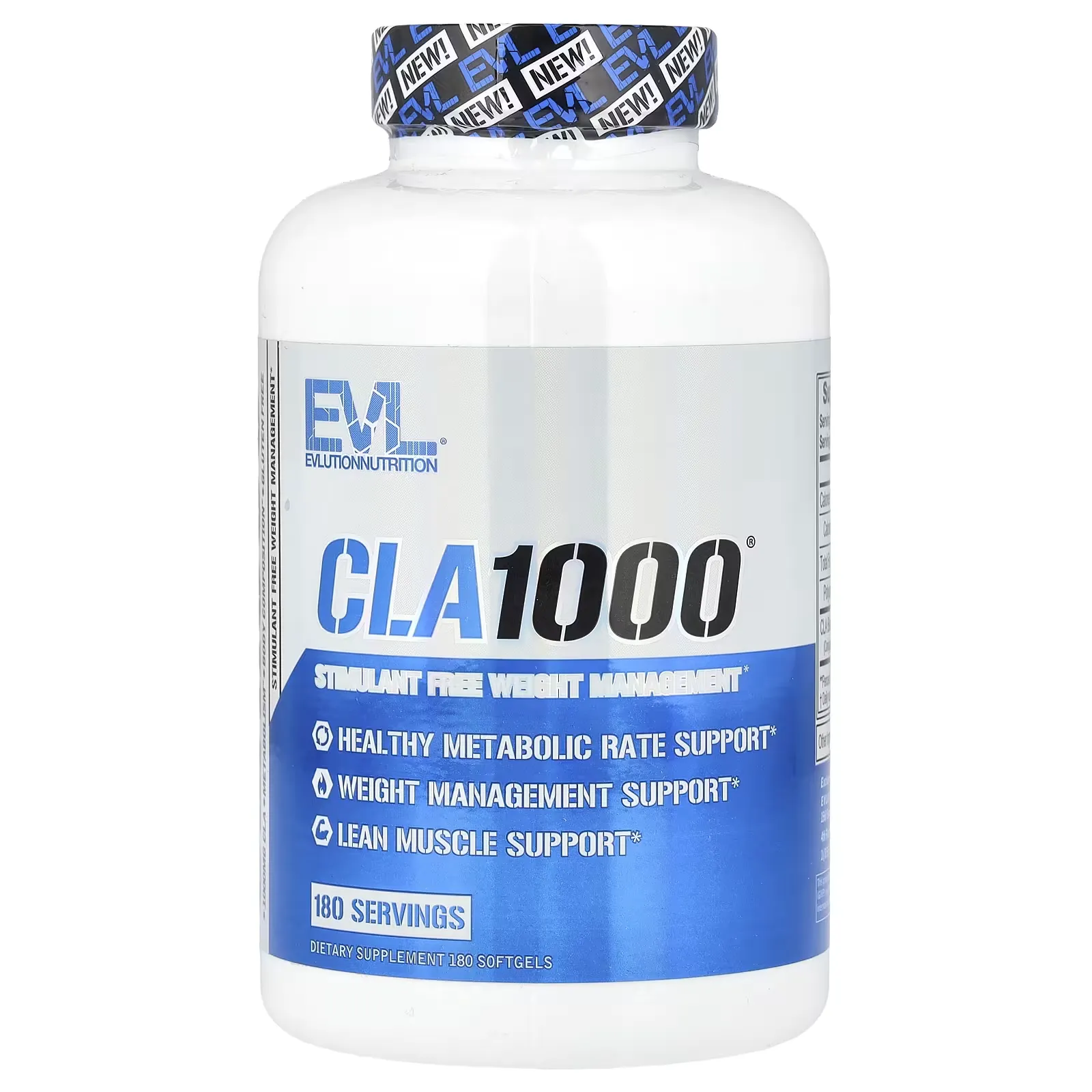 CLA 1000 mg EVLution Nutrition 180 cápsulas blandas frasco frente control de peso sin estimulantes