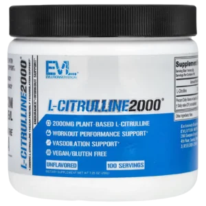 L-Citrulline2000 de EVLution Nutrition en polvo sin sabor de 200 g para ganancia muscular y bombeo.