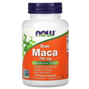 Suplemento de Maca Cruda NOW Foods de 750 mg y 90 cápsulas vegetales para salud reproductiva.