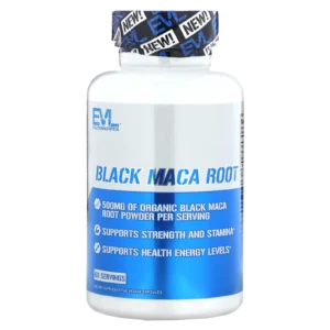Suplemento de Maca Negra EVLution Nutrition de 500 mg y 60 cápsulas vegetales para energía.