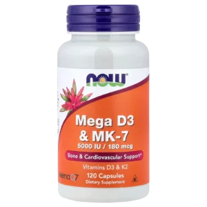 Frasco de Mega D3 & MK-7 de NOW Foods con 120 cápsulas de alta potencia.