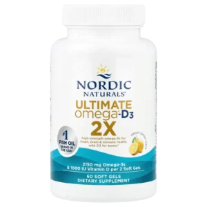 Ultimate Omega-D3 2X de Nordic Naturals, 60 cápsulas blandas, imagen de catálogo en alta resolución.