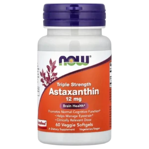 Imagen de catálogo de Astaxantina 12 mg Triple Concentración NOW Foods 60 cápsulas sobre fondo gris.