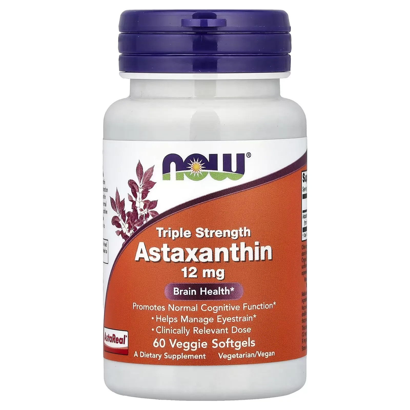 Astaxantina 12 mg Triple Concentración NOW Foods 60 cápsulas vegetales vista frontal del frasco.