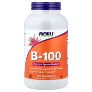 NOW Foods B-100 250 cápsulas vegetales en PNG con fondo transparente, imagen para tienda online y anuncios