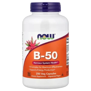 Frasco de B-50 NOW Foods de 250 cápsulas vegetales para salud del sistema nervioso.