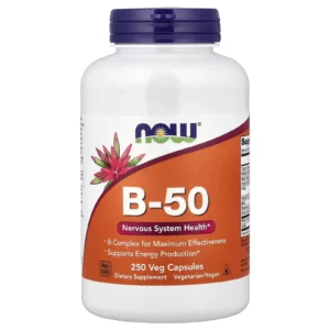Empaque original de B-50 NOW Foods de 250 cápsulas importado para soporte nervioso y energía.