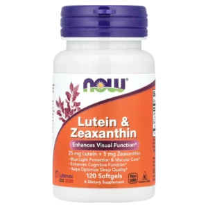 Imagen de catálogo de Luteína y Zeaxantina NOW Foods 120 cápsulas blandas con fondo neutro profesional.