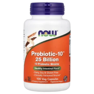 Comprar Probiotic-10 NOW Foods de 25 billones y 100 cápsulas para una salud intestinal superior.