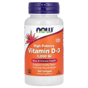 Suplemento de alta potencia Vitamin D-3 1,000 IU de NOW Foods en envase de 360 cápsulas blandas.
