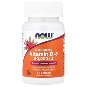 Presentación de catálogo de Vitamina D3 50000 IU NOW Foods 50 softgels sobre fondo limpio para catálogo Suplenet.