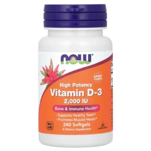 Frasco de Vitamin D-3 2000 IU de NOW Foods en presentación de 240 cápsulas blandas para salud ósea.