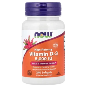 Frasco de Vitamina D3 NOW Foods de alta potencia con 240 cápsulas blandas.