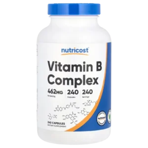 Suplemento de complejo vitamínico B Nutricost de 240 cápsulas vegetales.