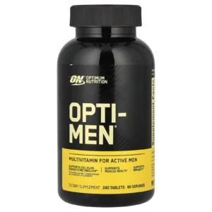 Frasco de Opti-Men de Optimum Nutrition de 240 tabletas, multivitamínico premium para hombres activos.